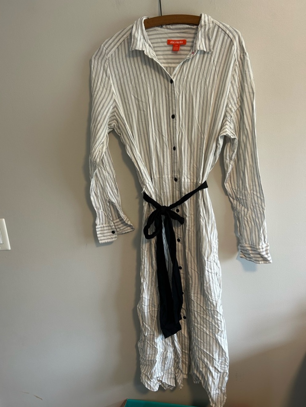 Joe fresh large black & white Striped long sleeve Button up Dress with Black Tie